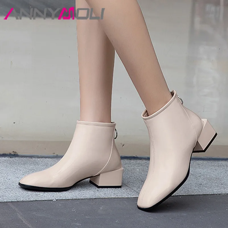 

ANNYMOLI Square Toe Woman Boots Med Heel Ankle Boots Block Heel Short Boots Zip Ladies Shoes Autumn Winter Beige Black Size 42