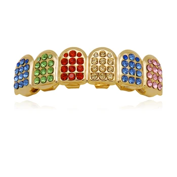 

Teeth Grills Caps Top & Bottom Hip Hop Rainbow Iced Out AAA Zircon Micro Pave Colorful Grills Set Men Women Fashion Jewelry