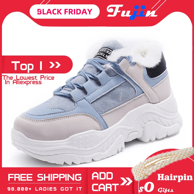 Cena FUJIN damskie trampki zimowe trampki pluszowe futro ciepłe damskie buty zasznurowane buty damskie buty do biegania na platformie damskie