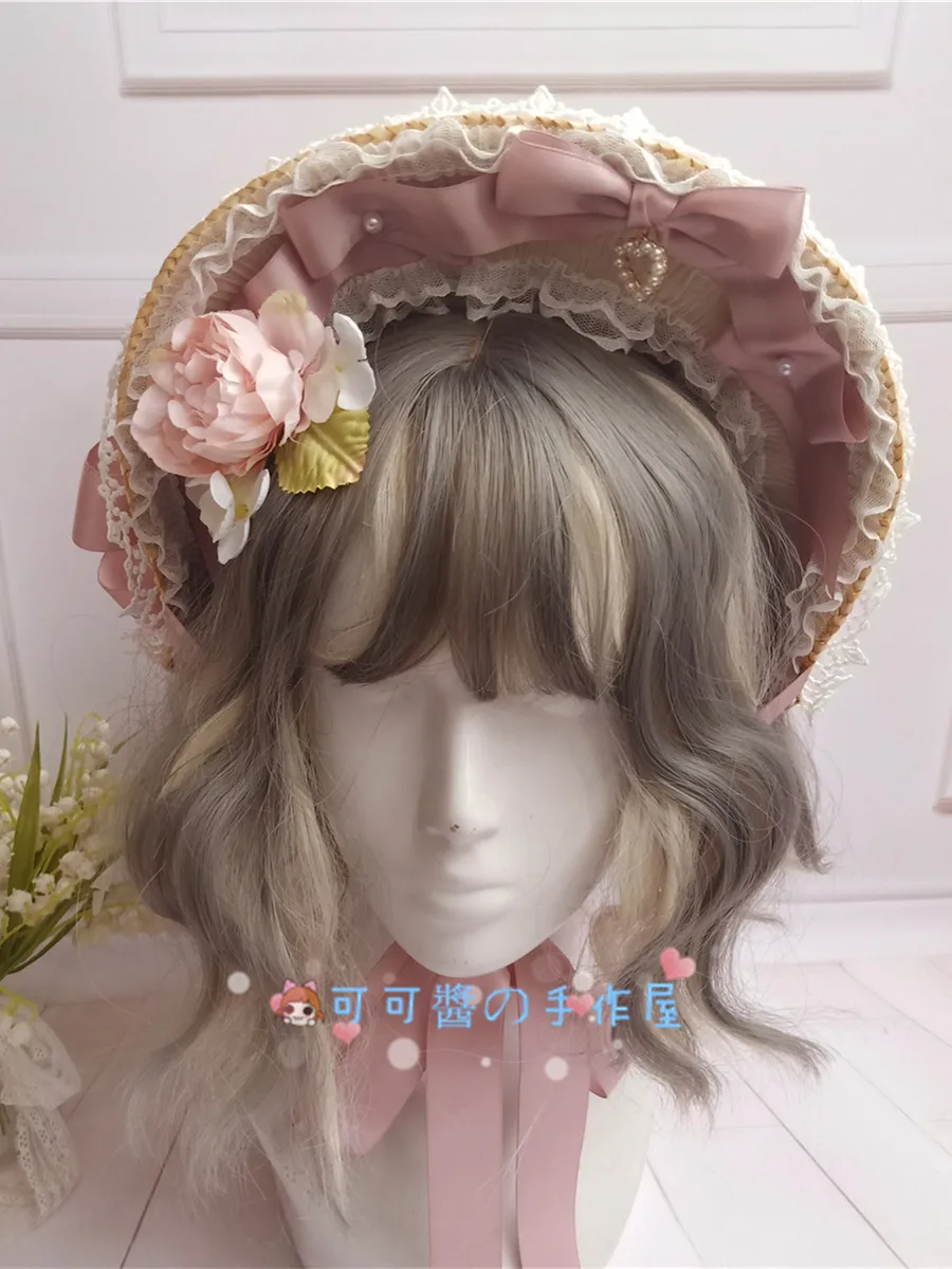 Elegant Gorgeous Princess Sweet Lolita Retro Lace Bonnet Flat hat Tea Party Straw Hat Women's Victorian Half Bnt Handmade Sunhat |