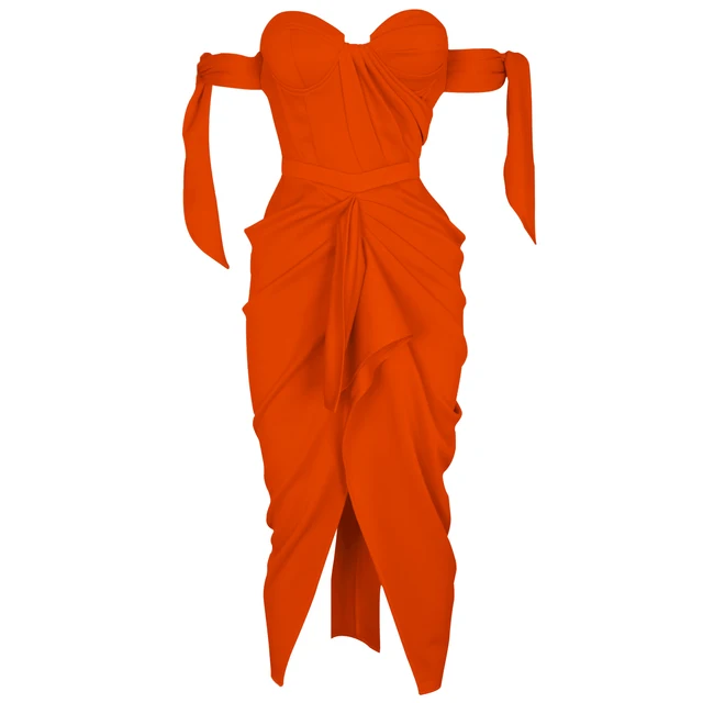 Ruffles Party Dress 2021 New Arrival High Quality Orange Bodycon Dress Women Summer Off Shoulder Sexy Club Dress Evening Outfits 4