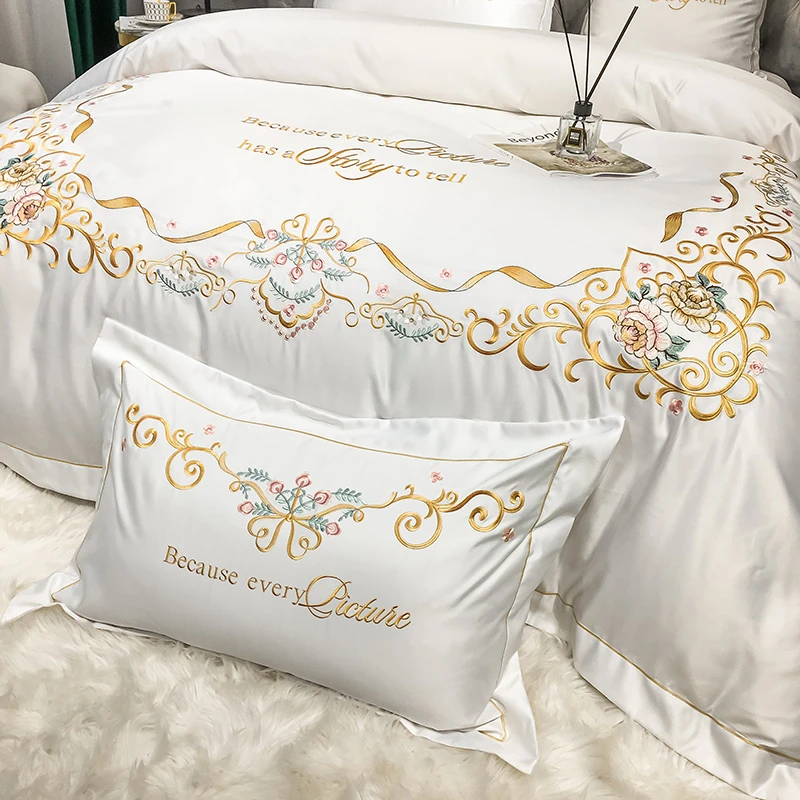 Glossy Soft Satin Silk Cotton Gold Embroidery Bedding Set Double Duvet Cover Set Bed Linen Fitted Sheet Pillowcase Home Textile