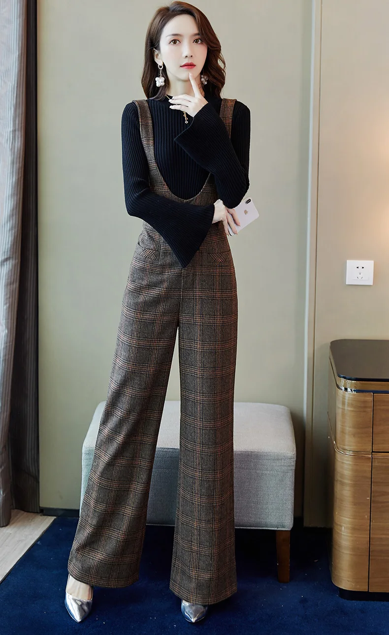 Шерстяные широкие брюки для женщин зимняя винтажная клетчатая Офисная Женская одежда женские брюки комбинезоны с высокой талией боди брюки клеш