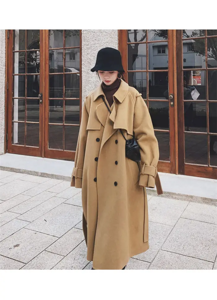 Большой размер длинное шерстяное пальто осень и зима женская одежда новая мода Темперамент двубортный бандажный жакет f2477