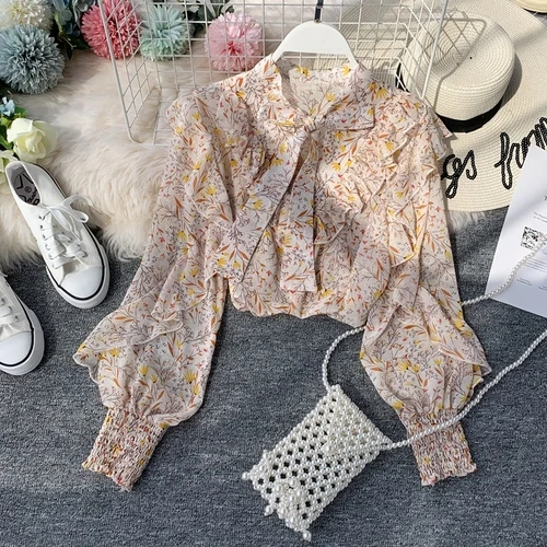 Light Yellow Neploe/элегантная шифоновая блузка с рукавом-фонариком и бантом, женские оборки, складки, цветочные Camisas Muje, осенние свободные блузы 46071 - Цвет: Light Yellow