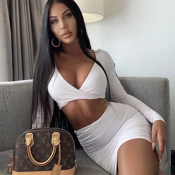 

Fashion Women's Sets Sexy Women Tracksuit Plus Size Two Piece Set Pleated Skirt And Sexy Tops Women Outfit Long Sleeve Women Set