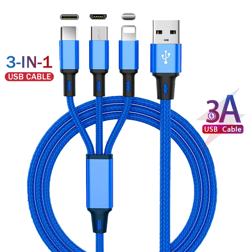 3 In 1 USB Fast Charging Cable Nylon Woven More Durable For iPhone 7 8 X 11 Huawei P30 Mate 30 pro Mini Portable Simple Cable