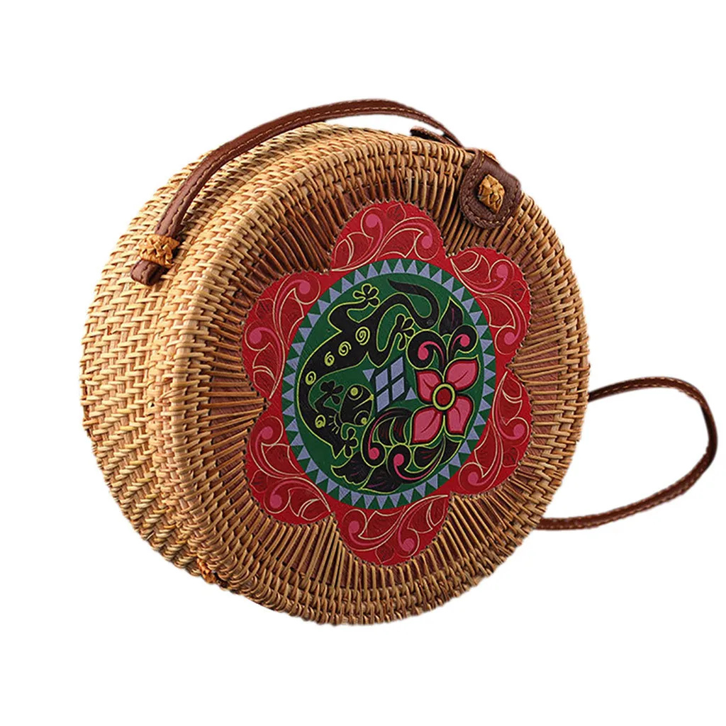 

2020 Circle Handwoven Bag Round Retro Rattan Straw Beach Bag Crossbody Rattan Storage Travel One Shoulder Small Square Bag 0114