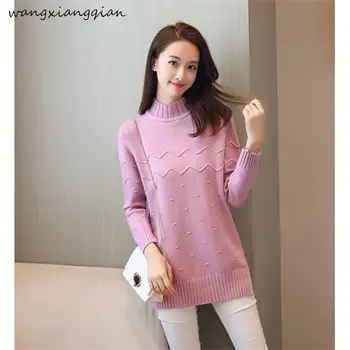

Women's sweater winter new high collar sweater thickening plus velvet sleeve solid color long sleeve female sweater B211