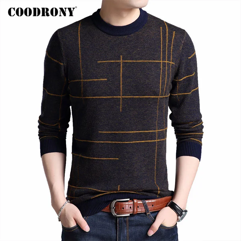 COODRONY-suéter de algodón con cuello redondo para hombre, jersey de lana para hombre, de punto a rayas, C1048