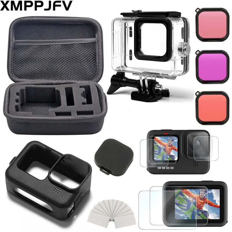 Gurmoir Juego de accesorios para Go Pro Hero 11/Hero 10/Hero 9 negro, funda  impermeable + 3filtros + protector de pantalla para GoPro Hero 11 10 9