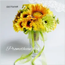 Handmade Artificial Bridal Wedding Bouquet Romantic Sunflower Rope Handle Satin Ribbon Church Party Home Decoration SPH072