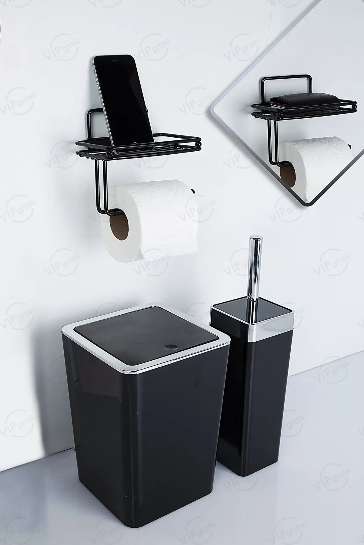 1pc Black Free Standing Toilet Paper Holder With Tray, Floor