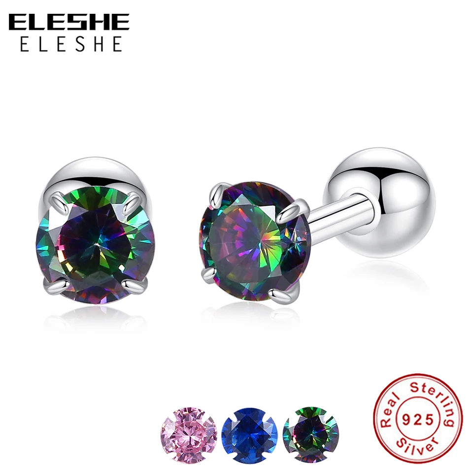 ELESHE Fashion Round Crystal Stud Earrings For Women Ladies 925 Sterling Silver AAA+ Zirconia Earrings Wedding Jewelry Gift