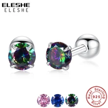 ELESHE Fashion Round Crystal Stud Earrings For Women Ladies 925 Sterling Silver AAA+ Zirconia Earrings Wedding Jewelry Gift