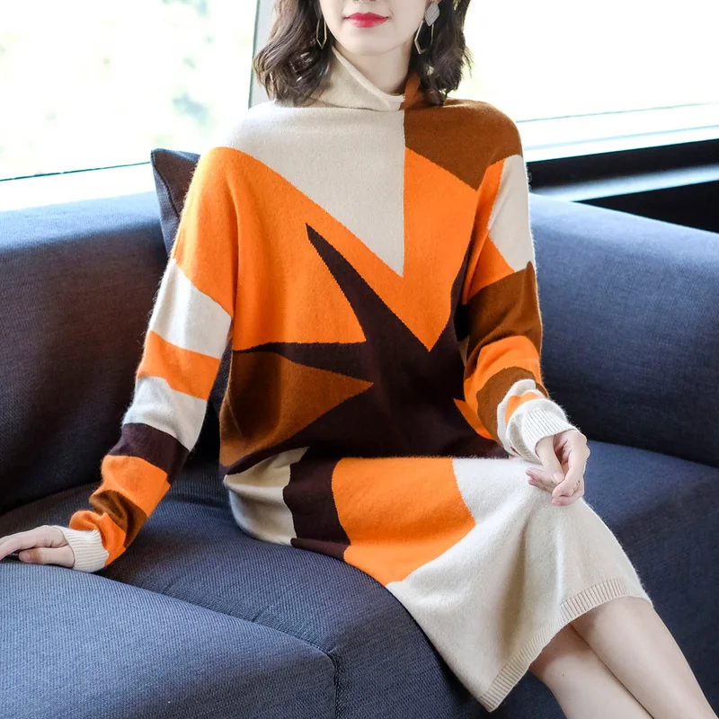 

Europe And America 2020 Autumn And Winter Contrast Color Dress Sweater Slimming High Collar Knit Base Skirt Women's Kuotaitai We