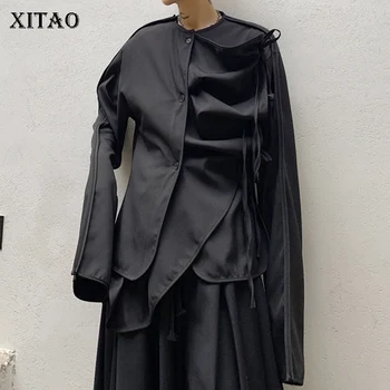 

XITAO Irregular Drawstring Black Shirt Fashion New Single Breast Patchwork Goddess Fan 2020 Winter Minority Blouse XJ3009