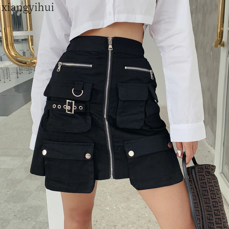 Модная черная юбка в стиле панк, короткая мини-юбка А-силуэта, Женская Повседневная летняя юбка с высокой талией и карманами, индивидуальная Готическая нижняя часть