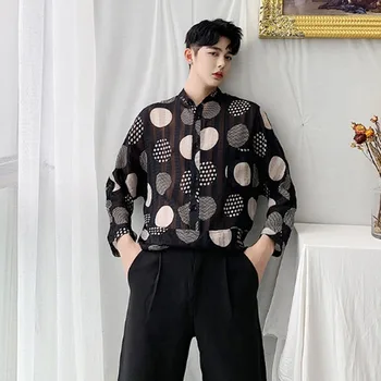 

Men Summer Thin Dot Stripe Stand Collar Loose Casual Shirt Male Women Vintage Couple Shirt Streetwear Hip Hop Party Dress Shirts