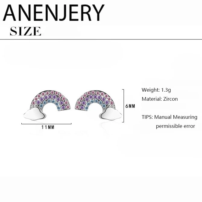 ANENJERY простые 925 пробы серебряные разноцветные циркониевые радужные серьги в форме облаков для женщин девушек лучший подарок S-E920