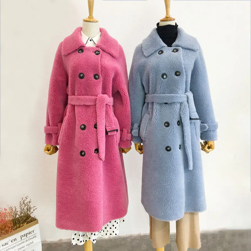 

2019 winter coat women windbreakers natural wool lamb fur sheepskin faux leather long trench coat Double-breast jacket fur coat