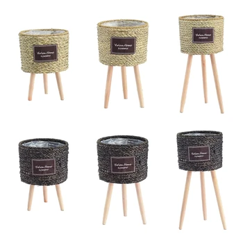 

Nordic Straw Laundry Picnic Storage Basket with Stand Handmade Flower Pot Plant Container