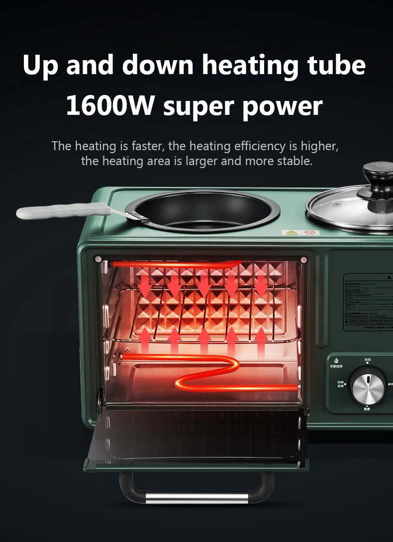 Description Picture 4 of itemCUKYI Electric 3 in 1 Household Breakfast machine mini bread toaster baking oven omelette fry pan hot pot boiler food steamer EU