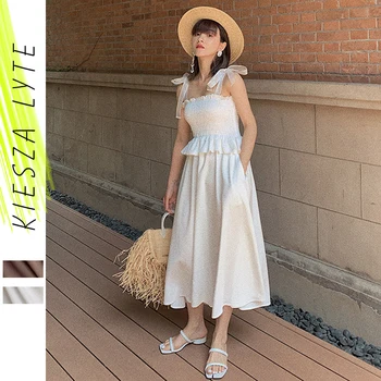 

Dresses for women summer 2020 new fashion sexy solid color patchwork ruffle shoulder-straps midi dresses vestidos