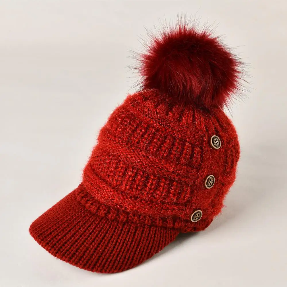 Женские шапки, женская кепка, зимняя и осенняя, на пуговицах, с козырьком, Nagymaros, с шариками, сохраняющие тепло, шапки для отдыха на открытом воздухе - Цвет: Красный