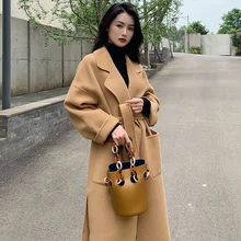 Винтажное Женское пальто, зимнее шерстяное длинное пальто с поясом, офисное женское модное пальто на шнуровке, верхняя одежда, повседневное верблюжье пальто ручной работы, 2XL