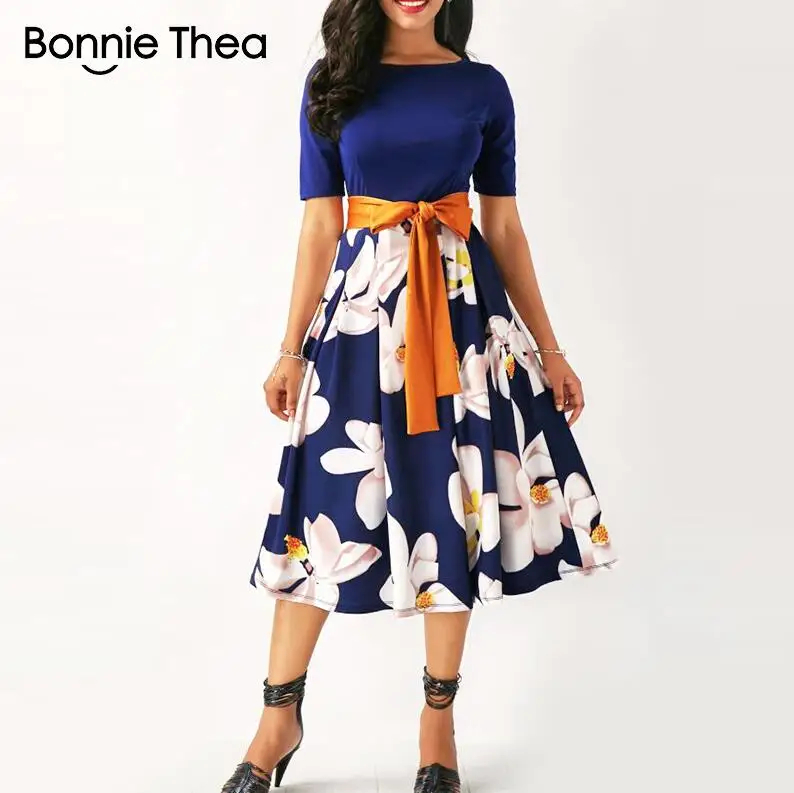 Bonnie Thea женское летнее и осеннее синее платье с принтом женское офисное элегантное платье с цветочным принтом больших размеров вечерние длинные большие платья - Цвет: Navy Blue