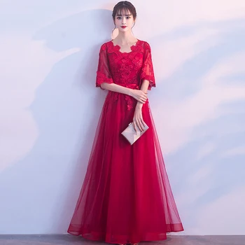 

2019 Half Sleeve Red Vestidos Summer Ladies Party Dress Elegant Lace and Mesh Maxi Long Slim A-line V-neck Women Dresses