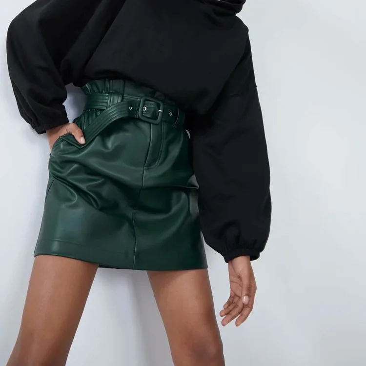 

With Belt fang pi pu Mini Skirt New Style 2019 Autumn WOMEN'S Dress Solid Color Short Skirt A- line Skirt Skirt