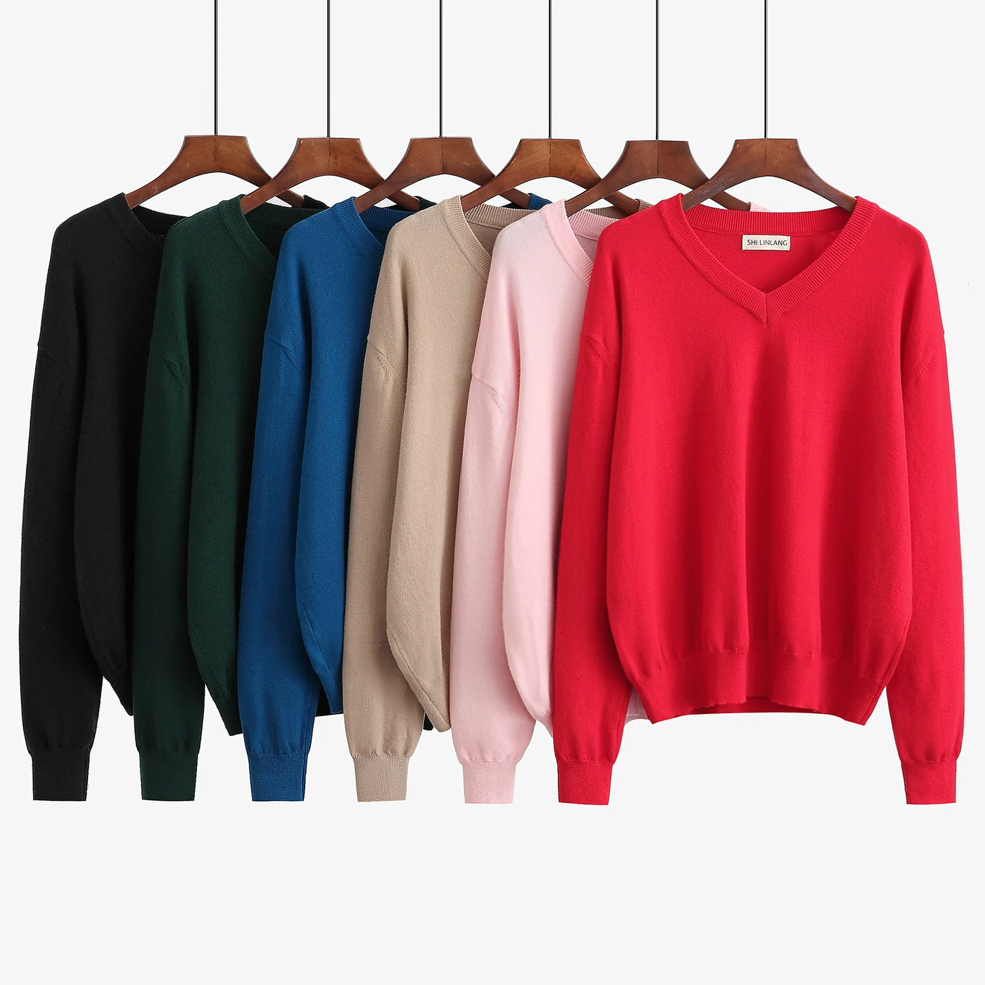 

Knitted Basic Sweater Pullover V Neck Solid Color Long Sleeves Women Autumn Winter Fashion Casual Warm Soft Tops