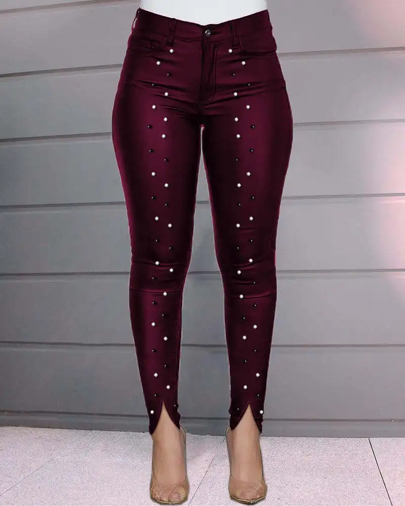 High Waist Diamond Front Split Pencil Pant Trousers Pants Women Skinny Casual Pencil Pants 