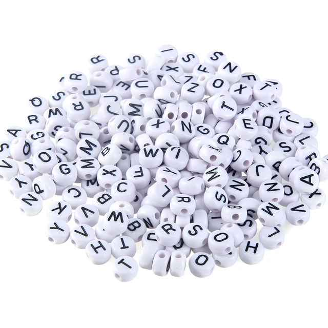 Plastic beads with letters - round D 6mm 40g white