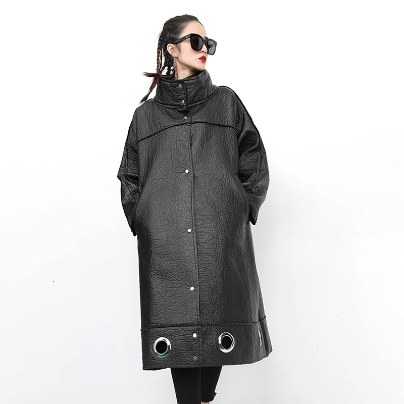 TWOTWINSTYLE Hollow Out PU Leather Lace Up Womens Coats Stand Collar Batwing Sleeve Coat Female Autumn Oversize Fashion New