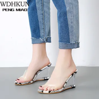 

2020 PVC 9cm Leopard Platform Wedge Sandals Slippers Woman Sexy Summer Sandals Women Clear Transparent Ultra High Heels Shoe