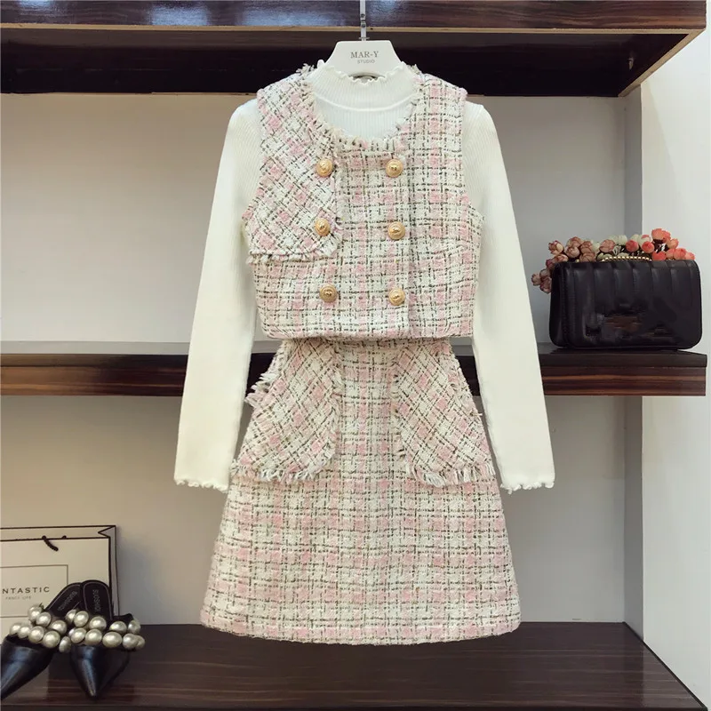 

Sweet Pink Plaid Tweed 2/3 Piece set 2019 Fall Winter Tweed Button Tassel Short Vest +White Sweater + pocket Mini Wool Skirt Set