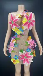 Flower dress Sexy Mesh See Through Bikini Samba Rave Evening Costume Hollow Waist Dress Performance Dance Show Celebrate Outfit
