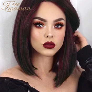 

FREEWOMAN Dark Red Short Straight Synthetic Wig With Natural Hairline Part Classical Bob Wig Heat Resistant Fiber Cosplay
