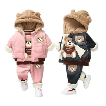 

2020 Warm winter Kid Boy Girl Clothing Plus thick velvet Tracksuit Sets Infant Clothes Baby Pants Hooded jacket Warm coat 3PCS