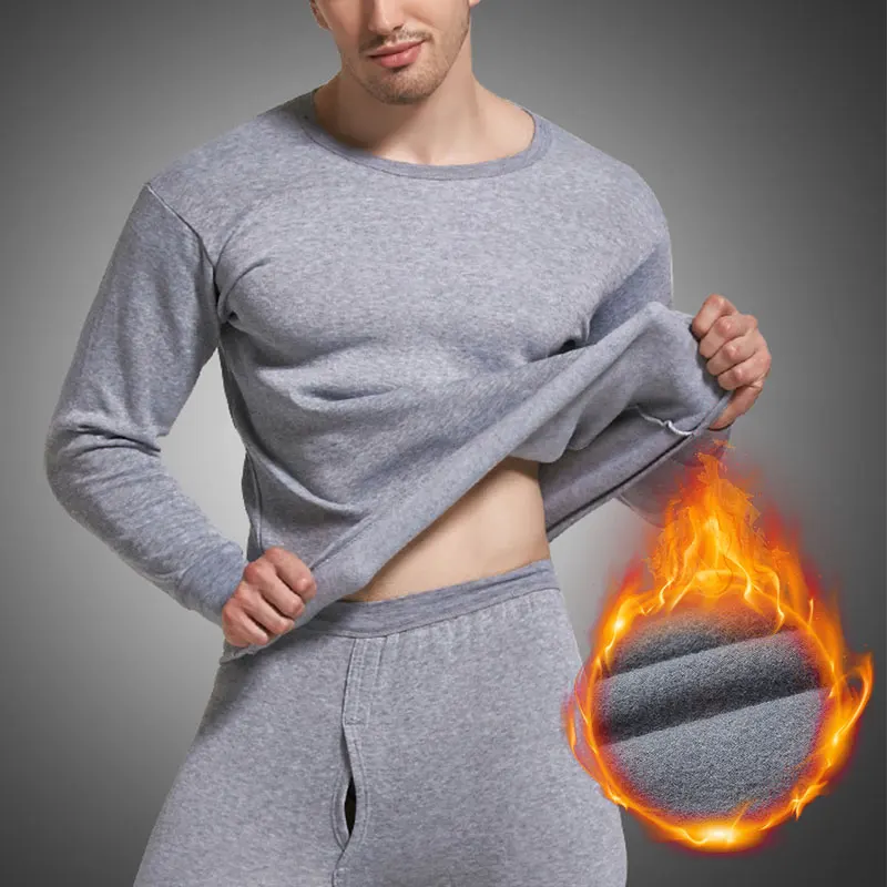 Men's Winter Thermal Underwear Set Plus Velvet Thicken Lingerie Fashion Slim-Fit Round Neck Tops + Long Trousers Suit Size | Мужская