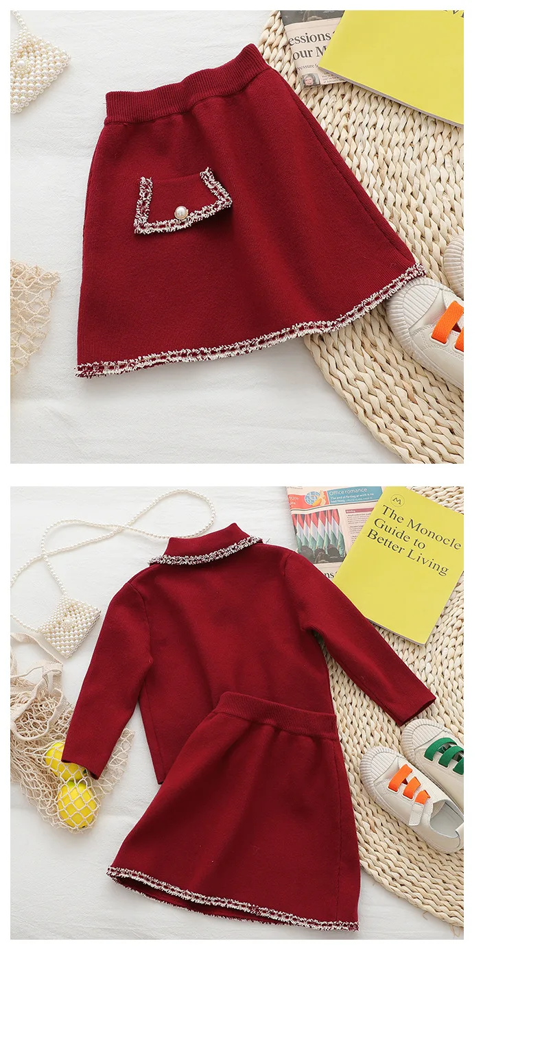 Новое поступление, Осенний модный красный вязаный костюм для девочек Детские комплекты из 2 предметов топ+ юбка без сумки
