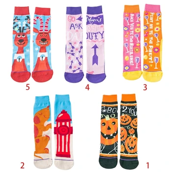 

Women Men Halloween Socks AB Asymmetrical Cotton Long Crew Socks Novelty Cartoon Pumpkin Dog Deer Print Holiday Party Supplies
