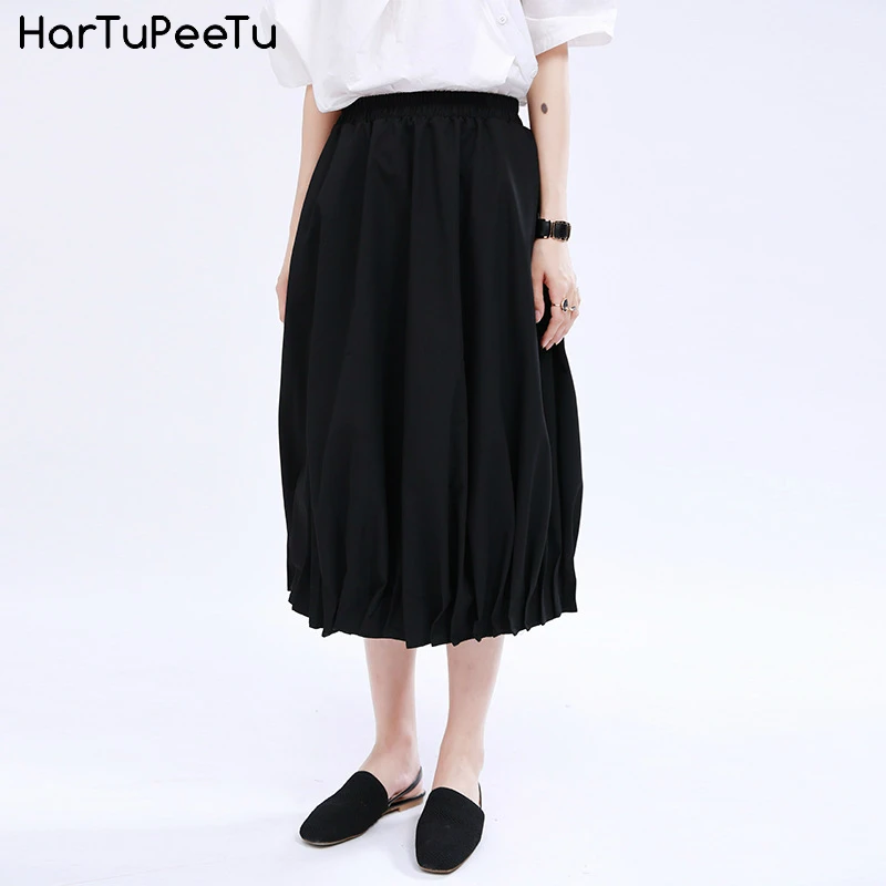 

Stylish Pleated Bud Skirt Women High Waist Midi Skirts with Pockets Plus Size Casual Black White Elastic Bunch Hem 2020 Summer