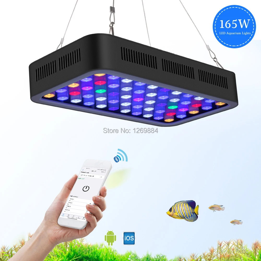 - Populargrow 165w  Bluetooth Control Dimmable LED Aquarium Light Marine Light with Three Channels Five Modes for Coral Fish Tank