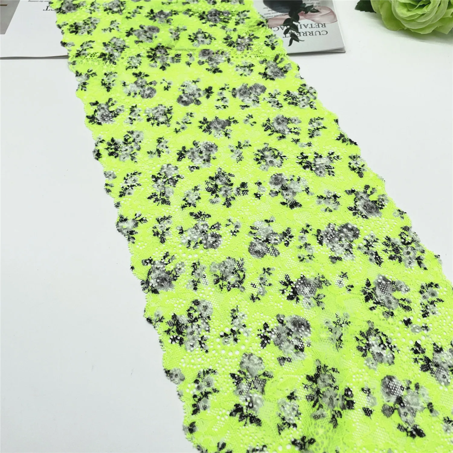 3y/lot Width 7 1/2 inch (19cm) Green Black Grey Stretch Lace Trim 1