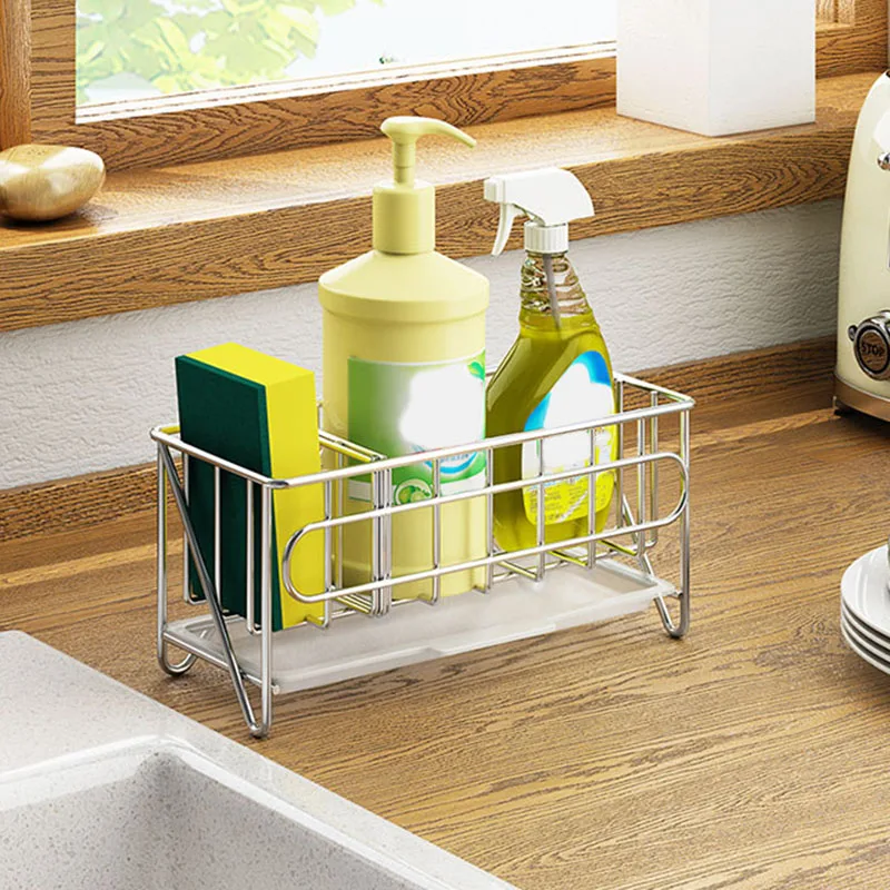 Sink Caddy Organizer Countertop Sponge Brush Soap Holder with Drain Pan Stainless Steel for Kitchen | Дом и сад