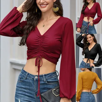 

Fashion Nightclub party tight sexy Womens Casual Loose Solid Color Long-sleeved V-neck Drawstring Top Female